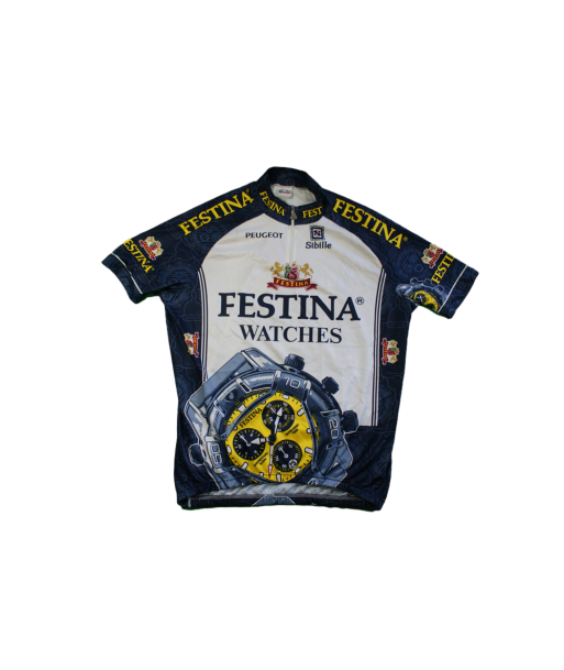 Maillot cyclisme vintage Sibille Festina Peugeot rembourrage situé sous